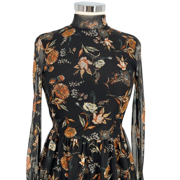 Altar'd State Floral High Neck Mesh Tiered Mini Dress Black Rust Size Medium - Picture 2 of 10